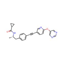 C[C@@H](Cc1ccc(C#Cc2ccc(Oc3cncnc3)nc2)cc1)NC(=O)C1CC1 ZINC000113411746