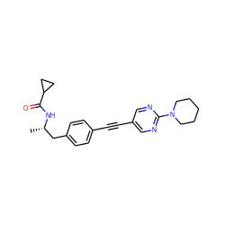 C[C@@H](Cc1ccc(C#Cc2cnc(N3CCCCC3)nc2)cc1)NC(=O)C1CC1 ZINC000113414130