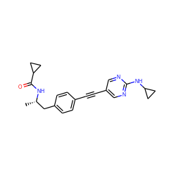 C[C@@H](Cc1ccc(C#Cc2cnc(NC3CC3)nc2)cc1)NC(=O)C1CC1 ZINC000113409113