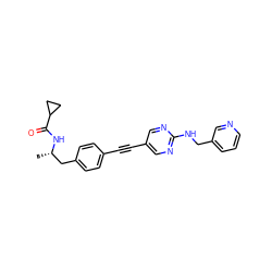 C[C@@H](Cc1ccc(C#Cc2cnc(NCc3cccnc3)nc2)cc1)NC(=O)C1CC1 ZINC000113409104