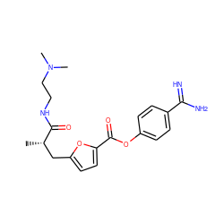 C[C@@H](Cc1ccc(C(=O)Oc2ccc(C(=N)N)cc2)o1)C(=O)NCCN(C)C ZINC000145971884