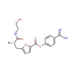 C[C@@H](Cc1ccc(C(=O)Oc2ccc(C(=N)N)cc2)o1)C(=O)NCCO ZINC000144382527