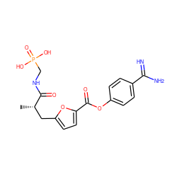 C[C@@H](Cc1ccc(C(=O)Oc2ccc(C(=N)N)cc2)o1)C(=O)NCP(=O)(O)O ZINC000145973963