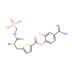 C[C@@H](Cc1ccc(C(=O)Oc2ccc(C(=N)N)cc2Cl)s1)C(=O)NCP(=O)(O)O ZINC000145983335