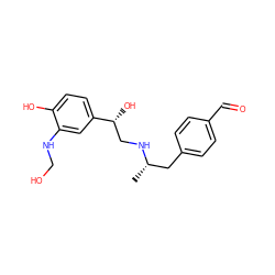 C[C@@H](Cc1ccc(C=O)cc1)NC[C@@H](O)c1ccc(O)c(NCO)c1 ZINC000004475231