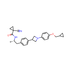 C[C@@H](Cc1ccc(C2CN(c3ccc(OCC4CC4)cc3)C2)cc1)NC(=O)C1(C#N)CC1 ZINC000149635878