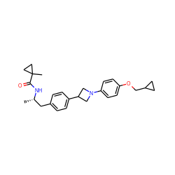 C[C@@H](Cc1ccc(C2CN(c3ccc(OCC4CC4)cc3)C2)cc1)NC(=O)C1(C)CC1 ZINC000149643908