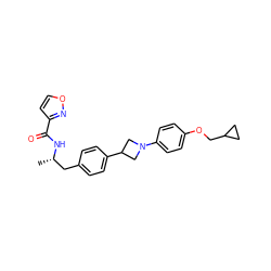 C[C@@H](Cc1ccc(C2CN(c3ccc(OCC4CC4)cc3)C2)cc1)NC(=O)c1ccon1 ZINC000149645446