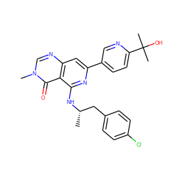 C[C@@H](Cc1ccc(Cl)cc1)Nc1nc(-c2ccc(C(C)(C)O)nc2)cc2ncn(C)c(=O)c12 ZINC000115624251