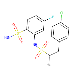 C[C@@H](Cc1ccc(Cl)cc1)S(=O)(=O)Nc1cc(F)ccc1S(N)(=O)=O ZINC000143822600