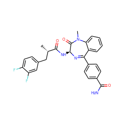 C[C@@H](Cc1ccc(F)c(F)c1)C(=O)N[C@@H]1N=C(c2ccc(C(N)=O)cc2)c2ccccc2N(C)C1=O ZINC000027331765