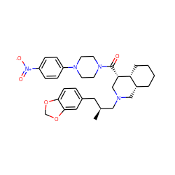 C[C@@H](Cc1ccc2c(c1)OCO2)CN1C[C@H]2CCCC[C@H]2[C@@H](C(=O)N2CCN(c3ccc([N+](=O)[O-])cc3)CC2)C1 ZINC000049778063