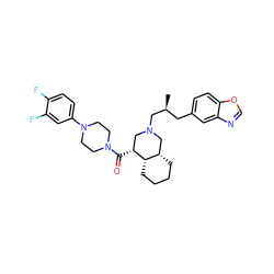 C[C@@H](Cc1ccc2ocnc2c1)CN1C[C@@H](C(=O)N2CCN(c3ccc(F)c(F)c3)CC2)[C@H]2CCCC[C@H]2C1 ZINC000049777831