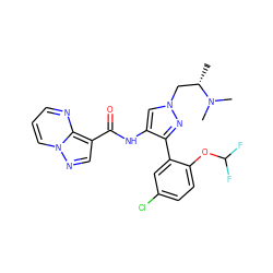 C[C@@H](Cn1cc(NC(=O)c2cnn3cccnc23)c(-c2cc(Cl)ccc2OC(F)F)n1)N(C)C ZINC001772639026