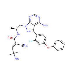 C[C@@H](Cn1nc(-c2ccc(Oc3ccccc3)cc2F)c2c(N)ncnc21)NC(=O)/C(C#N)=C/C(C)(C)N ZINC000205482051