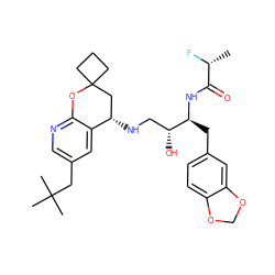 C[C@@H](F)C(=O)N[C@@H](Cc1ccc2c(c1)OCO2)[C@H](O)CN[C@H]1CC2(CCC2)Oc2ncc(CC(C)(C)C)cc21 ZINC000095573477