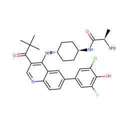 C[C@@H](N)C(=O)N[C@H]1CC[C@H](Nc2c(C(=O)C(C)(C)C)cnc3ccc(-c4cc(F)c(O)c(Cl)c4)cc23)CC1 ZINC000473198578