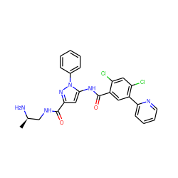 C[C@@H](N)CNC(=O)c1cc(NC(=O)c2cc(-c3ccccn3)c(Cl)cc2Cl)n(-c2ccccc2)n1 ZINC001772574419