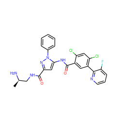 C[C@@H](N)CNC(=O)c1cc(NC(=O)c2cc(-c3ncccc3F)c(Cl)cc2Cl)n(-c2ccccc2)n1 ZINC001772637584