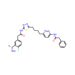 C[C@@H](N)c1cc(CC(=O)Nc2nnc(CCCCc3ccc(NC(=O)Cc4ccccc4)nn3)s2)ccc1F ZINC000169698679