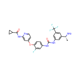 C[C@@H](N)c1cc(NC(=O)Nc2ccc(Oc3ccnc(NC(=O)C4CC4)c3)c(F)c2)cc(C(F)(F)F)c1 ZINC001772604588