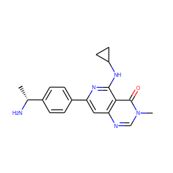 C[C@@H](N)c1ccc(-c2cc3ncn(C)c(=O)c3c(NC3CC3)n2)cc1 ZINC000143248224