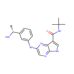 C[C@@H](N)c1cccc(Nc2cnc3[nH]cc(C(=O)NC(C)(C)C)c3n2)c1 ZINC000144993816