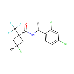 C[C@@H](NC(=O)[C@]1(C(F)(F)F)C[C@@](C)(Cl)C1)c1ccc(Cl)cc1Cl ZINC000103203395