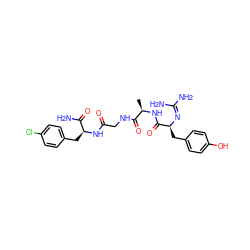 C[C@@H](NC(=O)[C@H](Cc1ccc(O)cc1)N=C(N)N)C(=O)NCC(=O)N[C@@H](Cc1ccc(Cl)cc1)C(N)=O ZINC000200373517