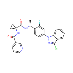 C[C@@H](NC(=O)C1(NC(=O)c2cccnc2)CC1)c1ccc(-n2nc(Cl)c3ccccc32)cc1F ZINC000072111271