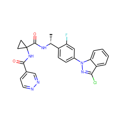 C[C@@H](NC(=O)C1(NC(=O)c2ccnnc2)CC1)c1ccc(-n2nc(Cl)c3ccccc32)cc1F ZINC000072109112