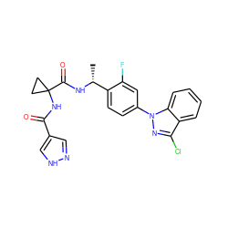 C[C@@H](NC(=O)C1(NC(=O)c2cn[nH]c2)CC1)c1ccc(-n2nc(Cl)c3ccccc32)cc1F ZINC000072110317