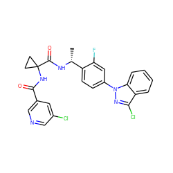 C[C@@H](NC(=O)C1(NC(=O)c2cncc(Cl)c2)CC1)c1ccc(-n2nc(Cl)c3ccccc32)cc1F ZINC000072109321