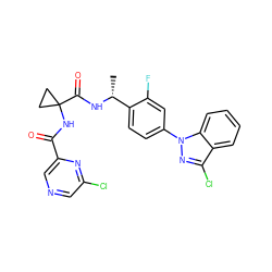 C[C@@H](NC(=O)C1(NC(=O)c2cncc(Cl)n2)CC1)c1ccc(-n2nc(Cl)c3ccccc32)cc1F ZINC000072110234