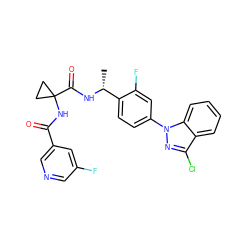 C[C@@H](NC(=O)C1(NC(=O)c2cncc(F)c2)CC1)c1ccc(-n2nc(Cl)c3ccccc32)cc1F ZINC000072110850