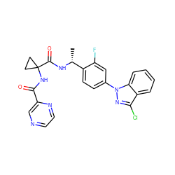 C[C@@H](NC(=O)C1(NC(=O)c2cnccn2)CC1)c1ccc(-n2nc(Cl)c3ccccc32)cc1F ZINC000072110181