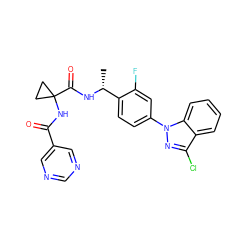 C[C@@H](NC(=O)C1(NC(=O)c2cncnc2)CC1)c1ccc(-n2nc(Cl)c3ccccc32)cc1F ZINC000072108969