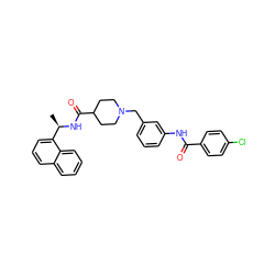 C[C@@H](NC(=O)C1CCN(Cc2cccc(NC(=O)c3ccc(Cl)cc3)c2)CC1)c1cccc2ccccc12 ZINC001772630029