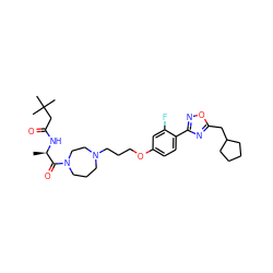 C[C@@H](NC(=O)CC(C)(C)C)C(=O)N1CCCN(CCCOc2ccc(-c3noc(CC4CCCC4)n3)c(F)c2)CC1 ZINC000027744044