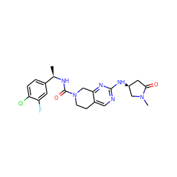 C[C@@H](NC(=O)N1CCc2cnc(N[C@H]3CC(=O)N(C)C3)nc2C1)c1ccc(Cl)c(F)c1 ZINC001772623907