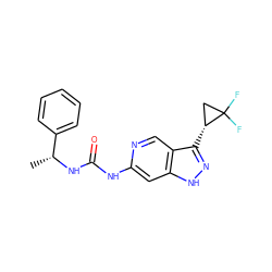 C[C@@H](NC(=O)Nc1cc2[nH]nc([C@@H]3CC3(F)F)c2cn1)c1ccccc1 ZINC000261169250