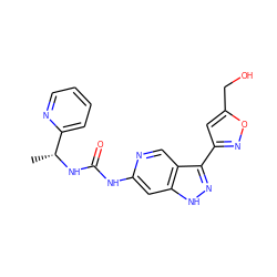 C[C@@H](NC(=O)Nc1cc2[nH]nc(-c3cc(CO)on3)c2cn1)c1ccccn1 ZINC000261188887