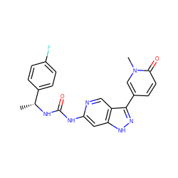 C[C@@H](NC(=O)Nc1cc2[nH]nc(-c3ccc(=O)n(C)c3)c2cn1)c1ccc(F)cc1 ZINC000205426825