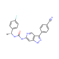 C[C@@H](NC(=O)Nc1cc2[nH]nc(-c3ccc(C#N)cc3)c2cn1)c1ccc(F)cc1 ZINC000205430582