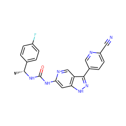 C[C@@H](NC(=O)Nc1cc2[nH]nc(-c3ccc(C#N)nc3)c2cn1)c1ccc(F)cc1 ZINC000261147396