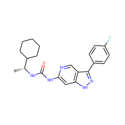 C[C@@H](NC(=O)Nc1cc2[nH]nc(-c3ccc(F)cc3)c2cn1)C1CCCCC1 ZINC000219758805