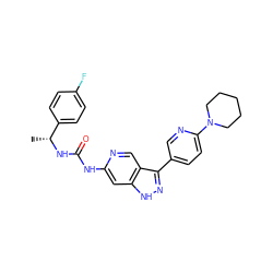 C[C@@H](NC(=O)Nc1cc2[nH]nc(-c3ccc(N4CCCCC4)nc3)c2cn1)c1ccc(F)cc1 ZINC000219758298