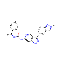 C[C@@H](NC(=O)Nc1cc2[nH]nc(-c3ccc4nn(C)cc4c3)c2cn1)c1ccc(Cl)cc1 ZINC000205425384