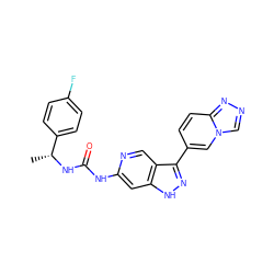 C[C@@H](NC(=O)Nc1cc2[nH]nc(-c3ccc4nncn4c3)c2cn1)c1ccc(F)cc1 ZINC000219757754