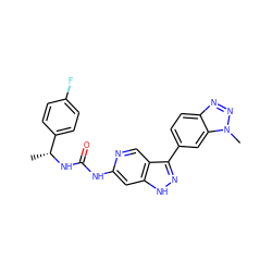 C[C@@H](NC(=O)Nc1cc2[nH]nc(-c3ccc4nnn(C)c4c3)c2cn1)c1ccc(F)cc1 ZINC000261083577